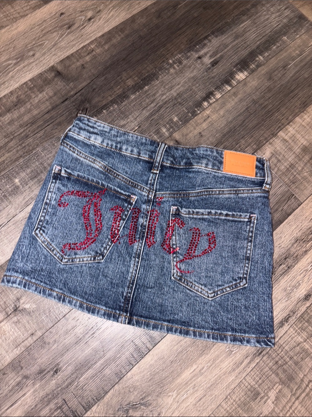 Juicy Couture Blue Denim Mini Skirt with Red Crystal Script